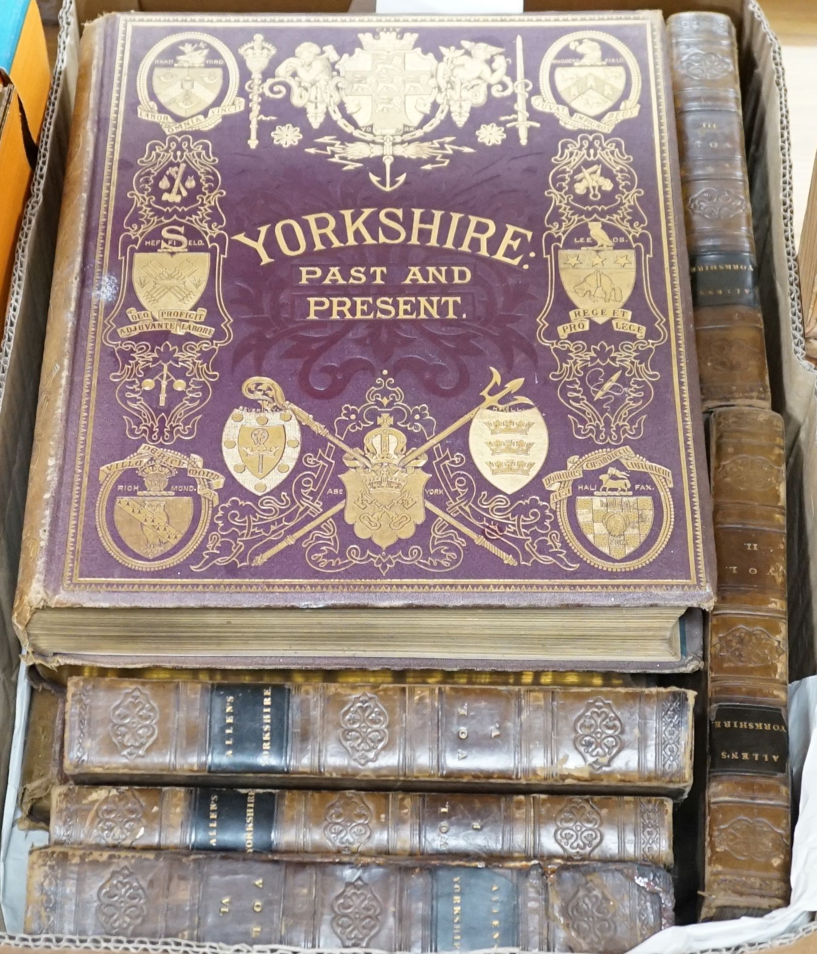 Baines, Thomas - Yorkshire, Past and Present ... including an Account of the Woollen Trade ... portraits, other engraved plates and a coloured, folded map; publisher's gilt-pictorial and decorated maroon cloth, ge., 4to.